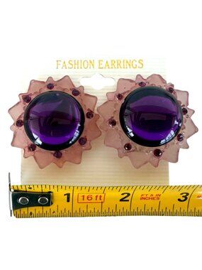 Vintage NOS Large Purple Center Pink Petal Statement Earrings Clip-On Flower